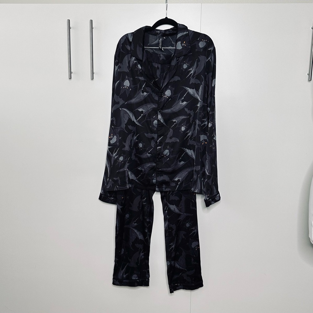 Killstar Black Printed Satin Pajama Set with Bats.